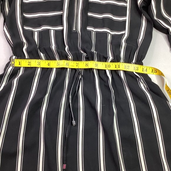 Striped Black & White Midi Dress Roll-Up Sleeves Drawstring Waist Old Money - Picture 3 of 10